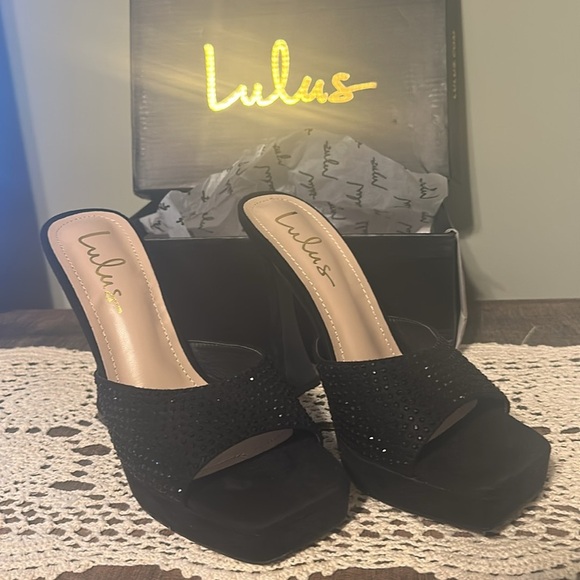 Lulus Karelee Black Suede Rhinestone Platform High Heel Sandals 8.5 - Picture 3 of 9